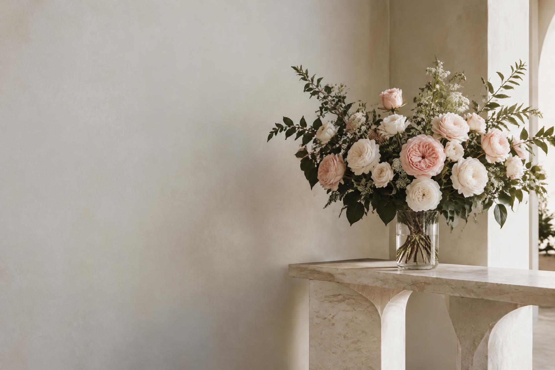 Editorial arrangement of blush and ivory roses with green foliage in a glass vase on a stone console