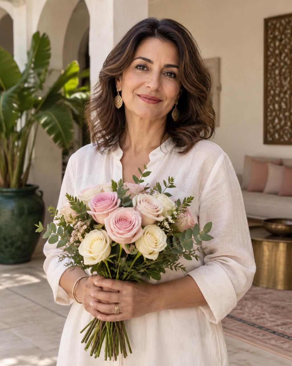 Editorial portrait of a woman holding pink and ivory roses
