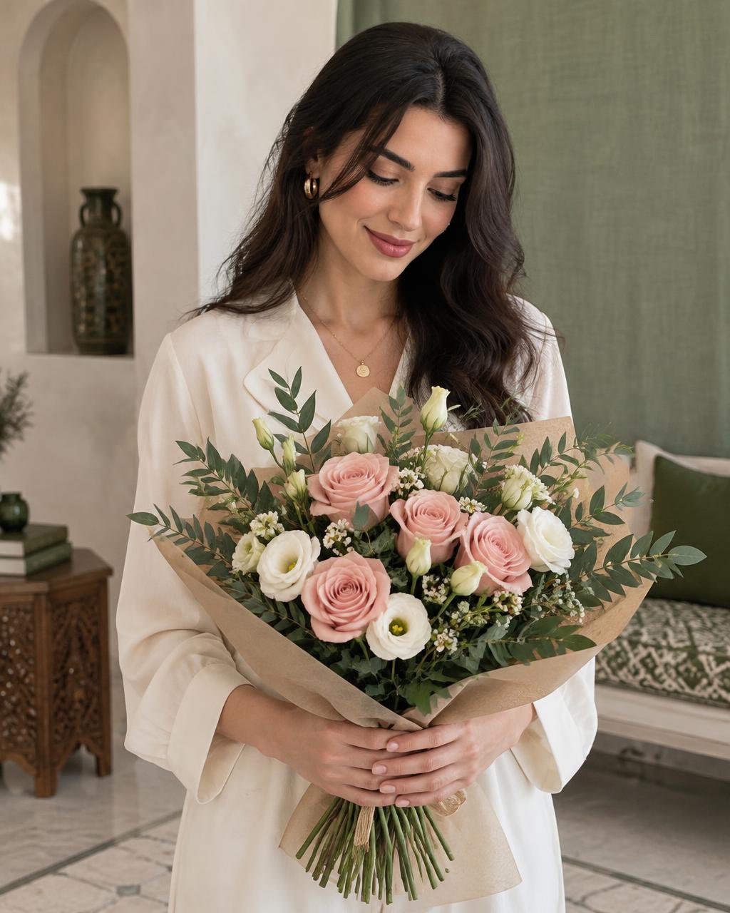 Editorial portrait of a woman looking at a blush rose and ivory flower bouquet